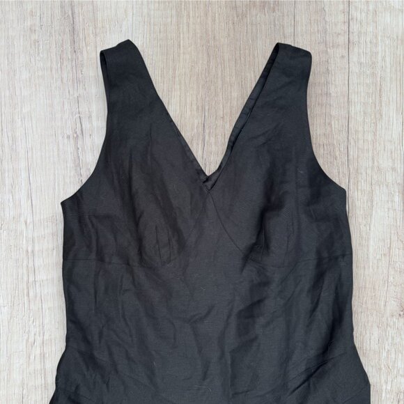 LENNIE by NINA LEONARD V-Neck Fitted Trumpet Flared Black Linen Dress 12 - Picture 2 of 8